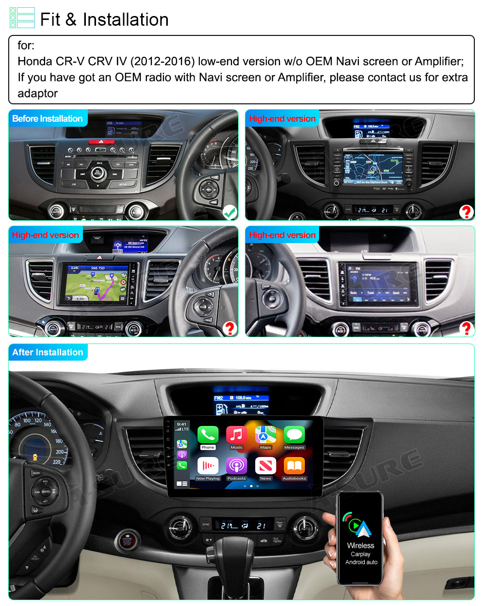 APPLE CARPLAY 4+64G ANDROID CAR STEREO RADIO GPS NAVI BT FOR HONDA CRV 2012-2016