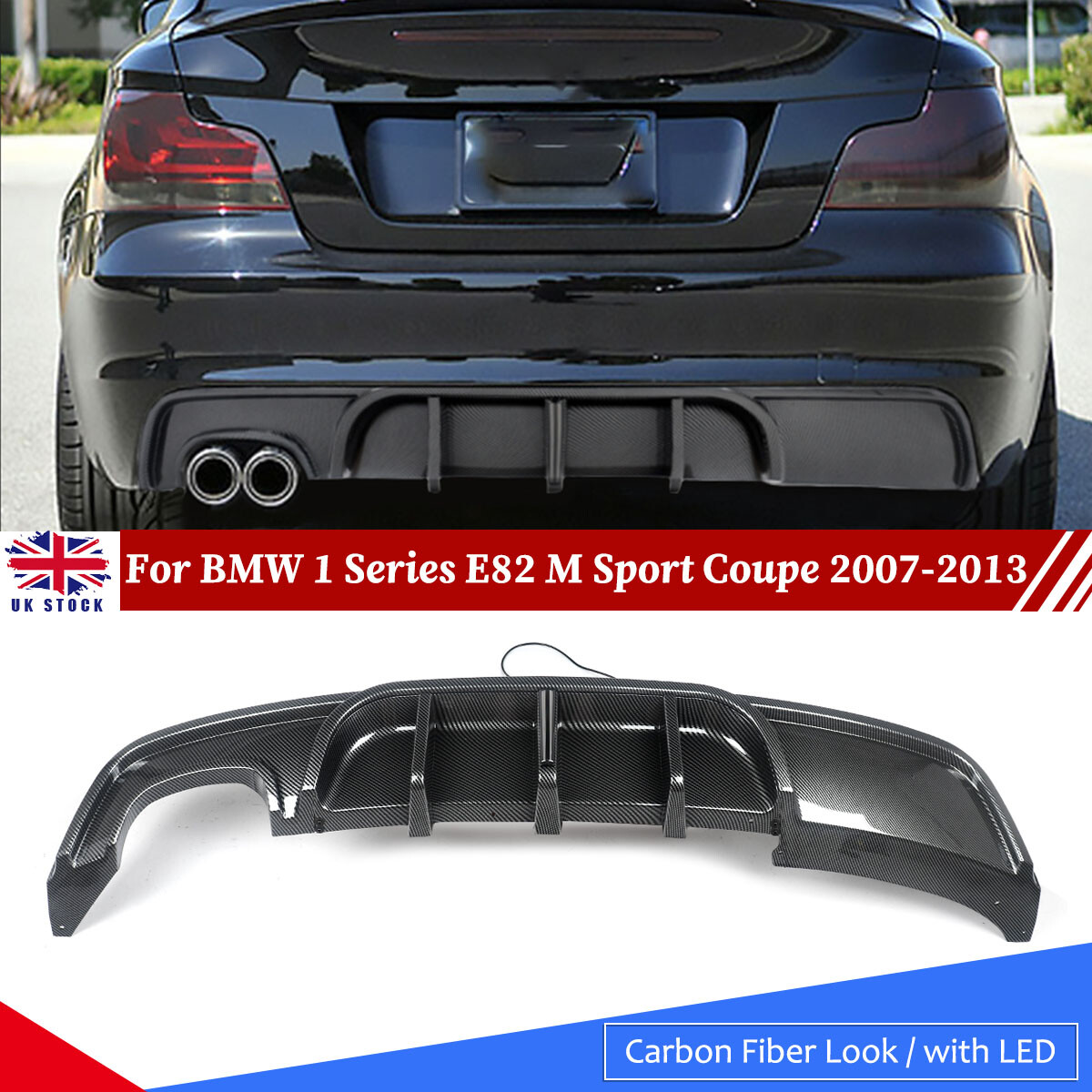 For BMW 1 Series E82 M Sport 2007-2013 Carbon Look Rear Bumper Diffuser W/ LED