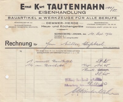 SCHNEEBERG, Rechnung 1930, Ernst Kurt Tautenhahn Eisenhandlung