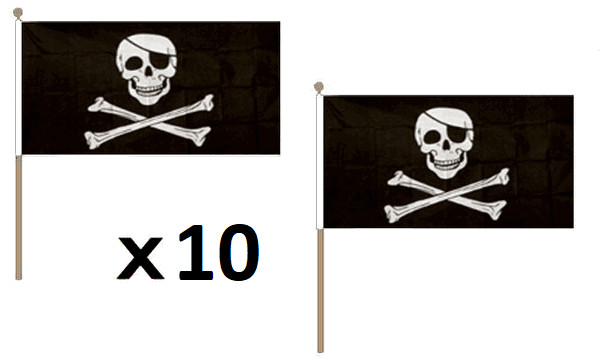 Set 10 Bandierine Pirati 45x30 cm con Asta Legno | Jolly Roger Party