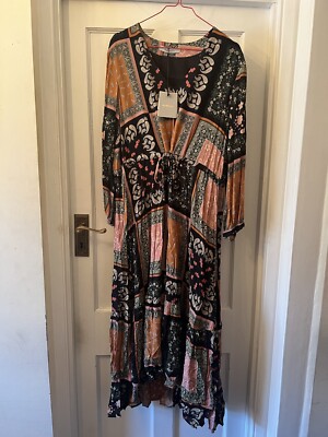 New MARELLA Paisley Patchwork SCOZIA Silky V-Neck Boho Style Midi Dress,UK 10