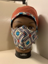 African Print Unisex Reversible Scrub Cap With Matching Face Mask filter Picket