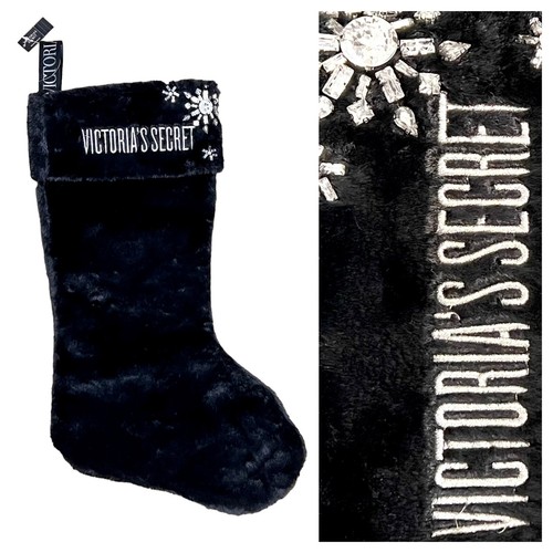 Victoria’s Secret PINK SNOWFLAKES CHRISTMAS Logo Holiday Faux Fur Stocking Black - Picture 1 of 24