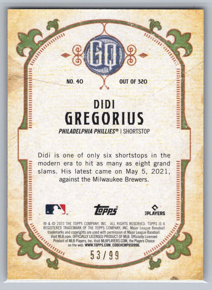 2022 Topps Gypsy Queen #40 Didi Gregorius Sepia Parallel Phillies Card /99 - Image 2 of 2