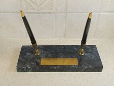 Vintage Parker Dual Desk Ballpoint Fountain Pen Set Marble Base Brass Plate