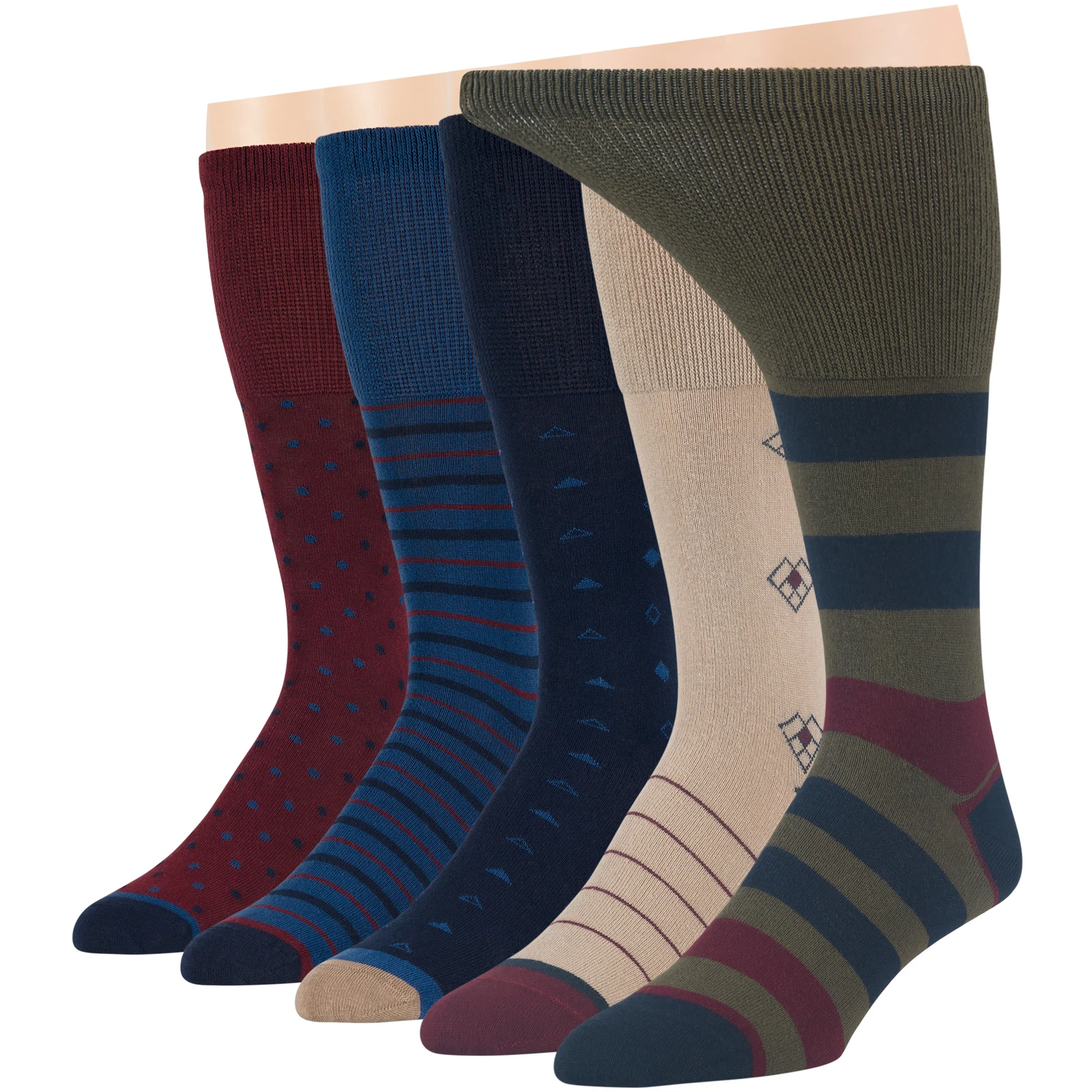 Men Diabetic Cotton Wide Mid-Calf Socks-5 Pack Large-Stripe Dot-Navy Beige Green