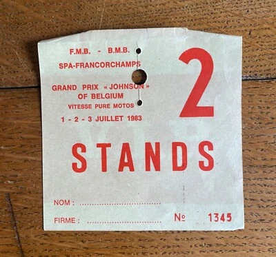 Spa-Francorchamps Grand Prix Johnson of Belgium Original Pass Entry Ticket 1983 - Image 1 of 2