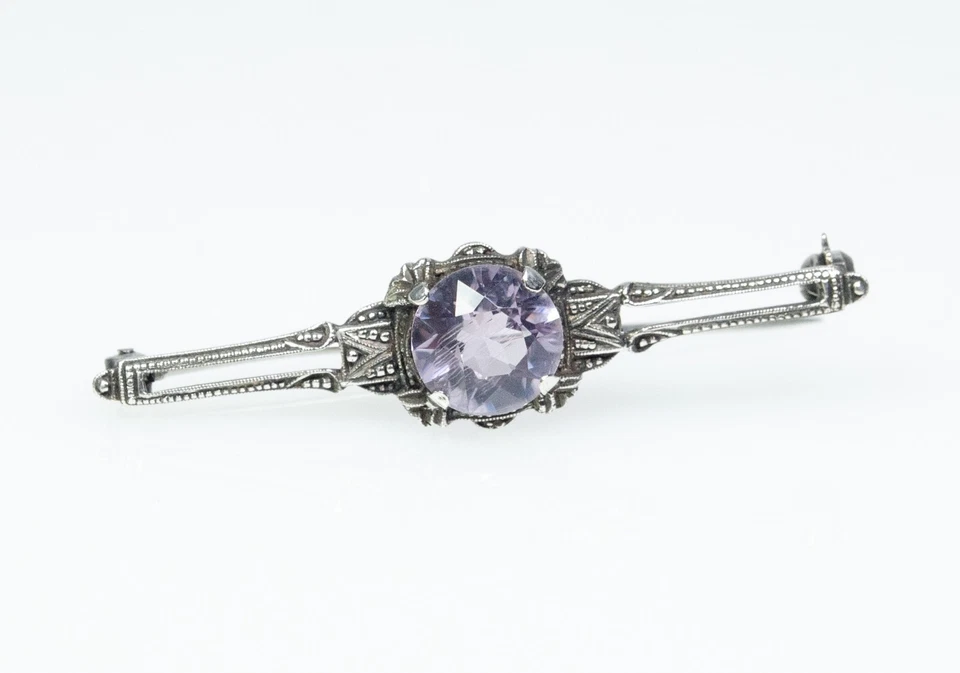 835 Argento - Antico Art Deco Spilla - Naturale Ametista - Immagine 3 di 4