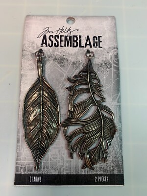Tim Holtz Assemblage (2) Charms Leaf & Feather RARE urban industrial steampunk