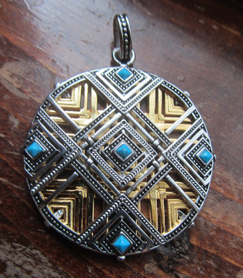 Verzierter afrikanischer Schild .925 Sterling Silber Gold Türkis 2-seitig Anhänger Schmuck