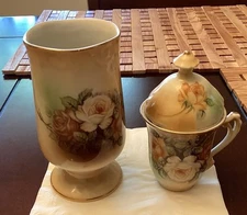 Antique RS Prussia Suhl Porcelain Vase & Tea Cup With Lid Pink Blush