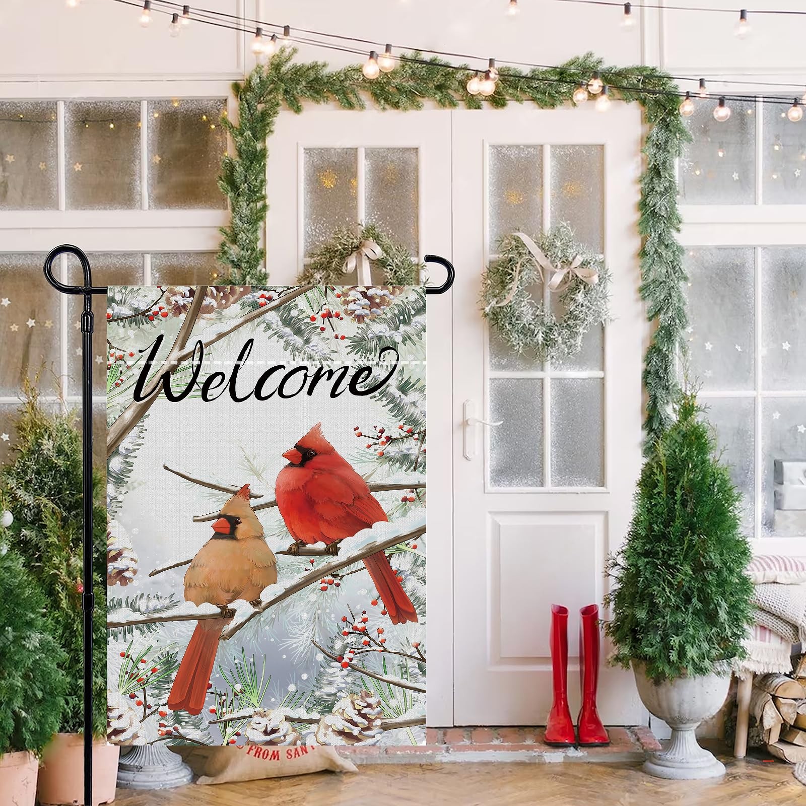 Winter Garden Flag 12x18 Inch Double Sided Cardinal Bird Trees Snow Christmas...