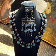 Vintage Blue Glass Bead Layered Necklace Dangle Earrings Set Retro