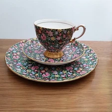 Tuscan Mille Fleurs Black Chintz Trio Teacup Set England Bone China
