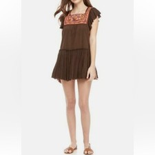 Free People Day Glow Embroidered Mini Dress Brown Sz Small Boho Peasant Cottage