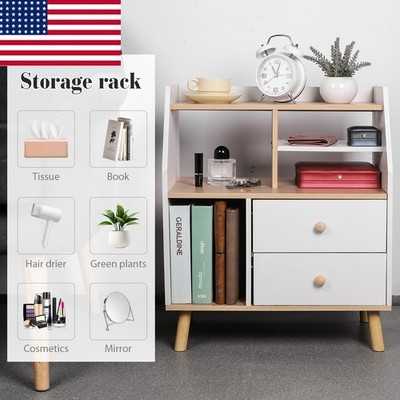 3-Tier Nightstand with Door Wooden Bedside Table End Table 2 Drawer Storage USA