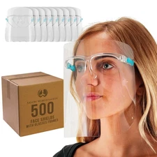 Salon World Safety Clear Face Shields with Glasses Frames (500 Pack) - Anti-Fog