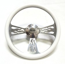 14 Billet Flame Steering Wheel With White Vinyl Wrap And Plain Horn Button