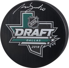 Akira Schmid New Jersey Devils Signed 2018 Draft Logo Hockey Puck