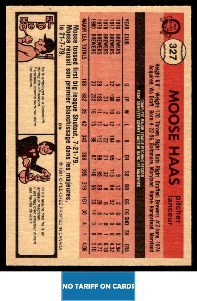 1981 O-Pee-Chee Moose Haas Milwaukee Brewers #327 - Image 2 of 2