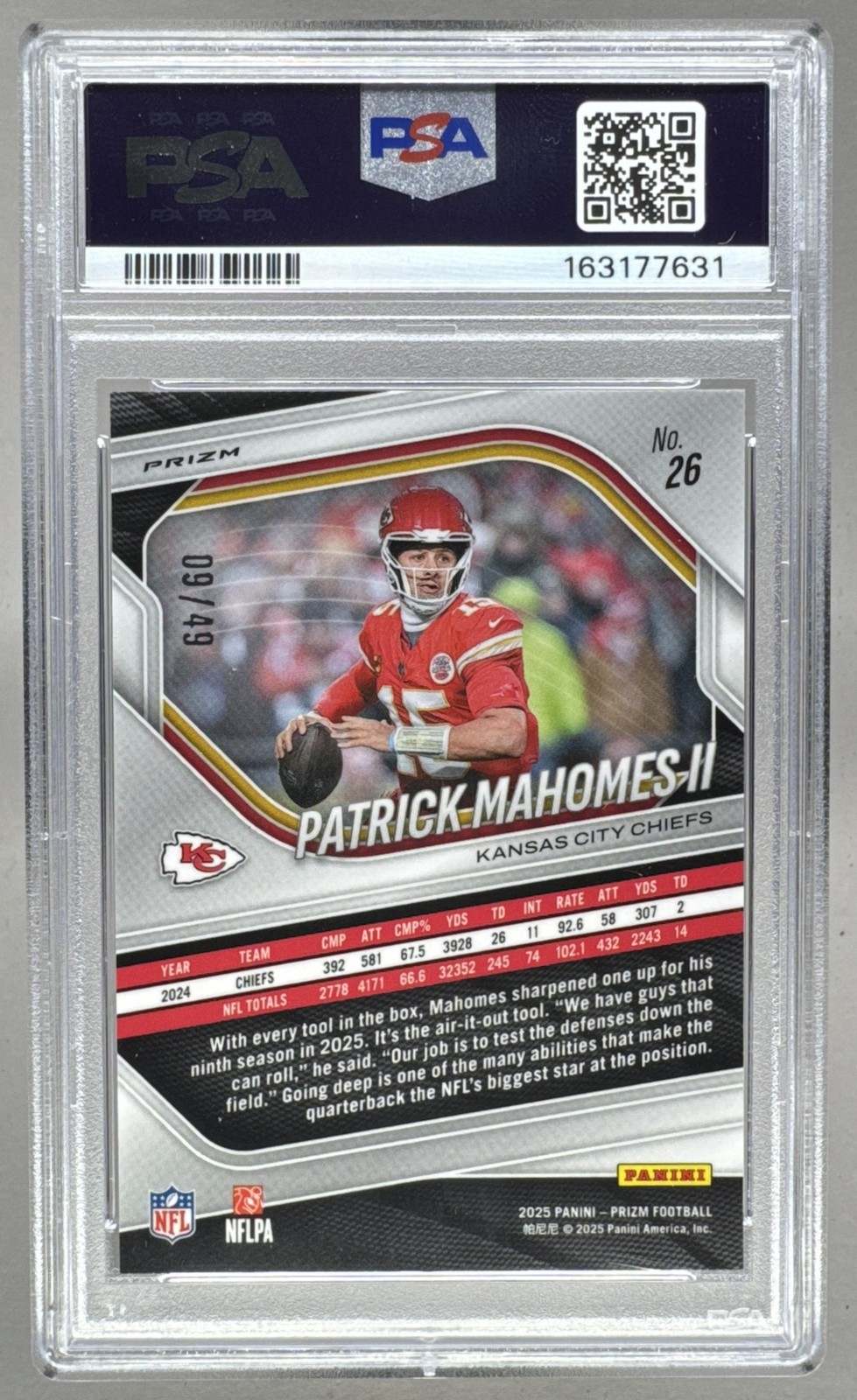 163177631 Patrick Mahomes II 2025 Panini Prizm #26 Red Shimmer 9/49 PSA 10 view 2