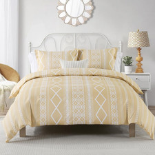 Boho Duvet Cover Set Queen Size, Yellow Beige, 100 Cotton, 90"X90" Ultra Soft