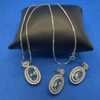 925 Sterling Silver Necklace & Earrings Set with Blue and Clear Stones CP#8698