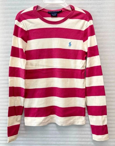 Ralph Lauren Sport Shirt Women M Pink White Stripe Long Sleeve Tee Crew Neck Spo