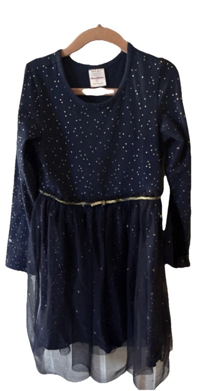 Hanna Andersson Girls Blue Gold Glitter Polka Dot Tulle Long Sleeve Dress 6-7