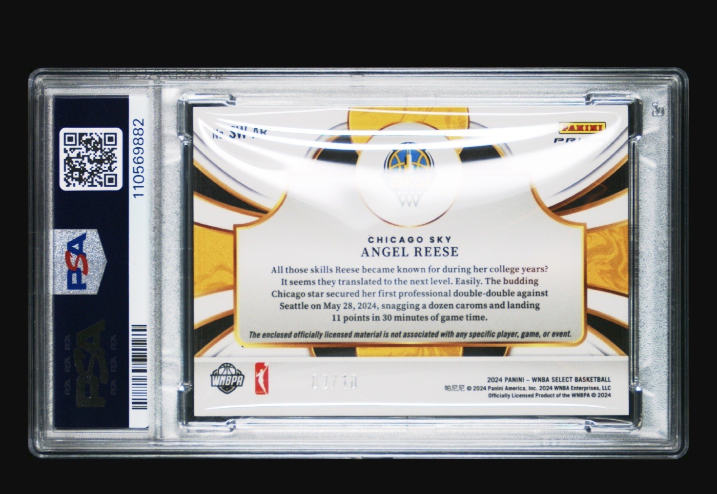 Angel Reese 2024 Select WNBA Gold Prizm RC Selective Swatches PSA 10 view 2