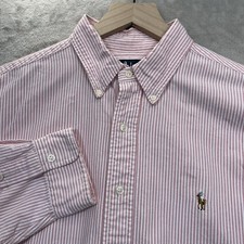 Ralph Lauren Button Down Shirt Mens 17-35 Pink White Striped Classic Fit Cotton
