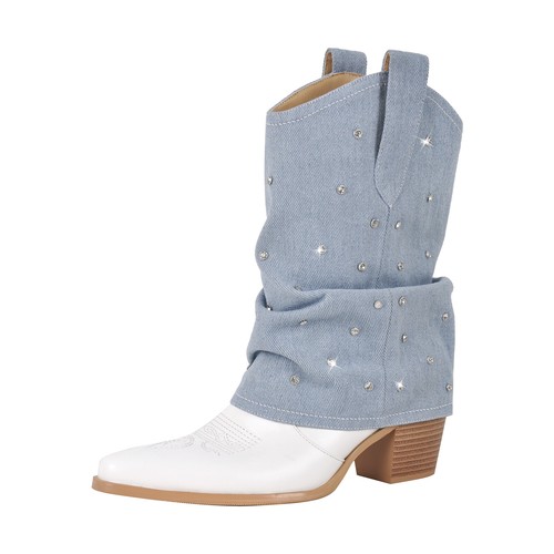 Women Rhinestone Booties Pointed Toe Chunky Heel Fold Over Ankle Boots Party US - Bild 17 von 35