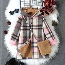 Girl Autumn and Winter Warm Mid-length Jacket Plaid Button Fleece Hooded Jacket