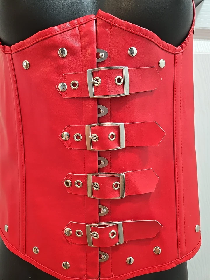 红色人造皮革紧身胸衣蒸汽朋克耳钉和哥特式扣闭合系带 2XL — 第 2/4 张图片