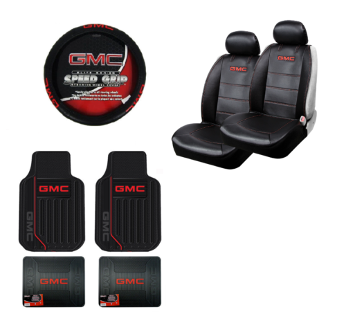 New 9Pc GMC Elite Red Logo Rubber Floormats Seat Covers Steering Wheel Cover Set - Photo 1 sur 1