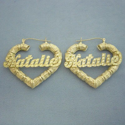 10k Real Gold Thin Heart Bamboo Personalized Diamond Cut Name