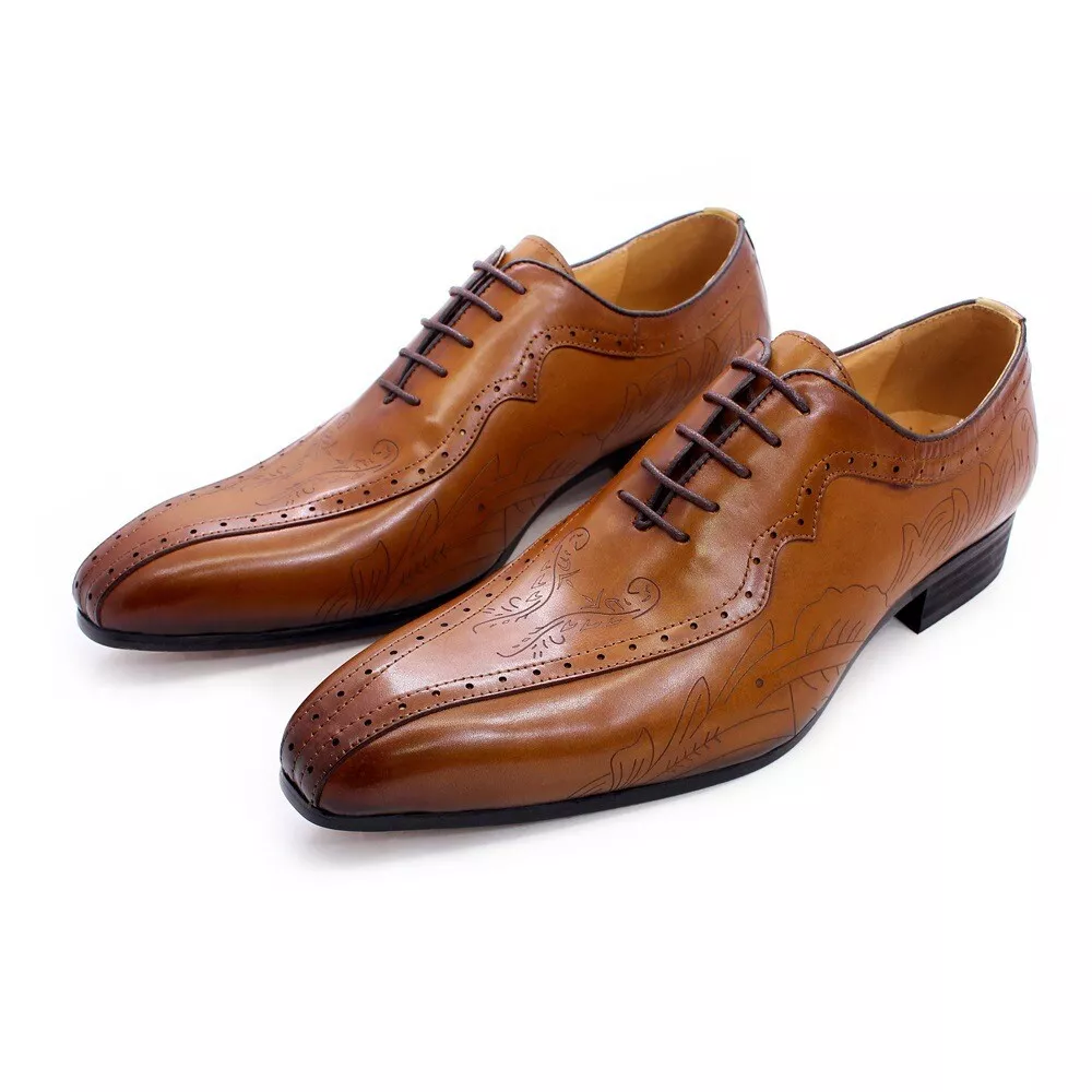 Men Dress Genuine Leather Shoes Pointed Toe Lace Up Oxford Wedding