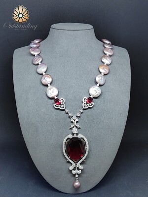 Genuine Natural Seawater Baroque Pearl 18'' Chain Necklace S925 Sliver Ruby Gift