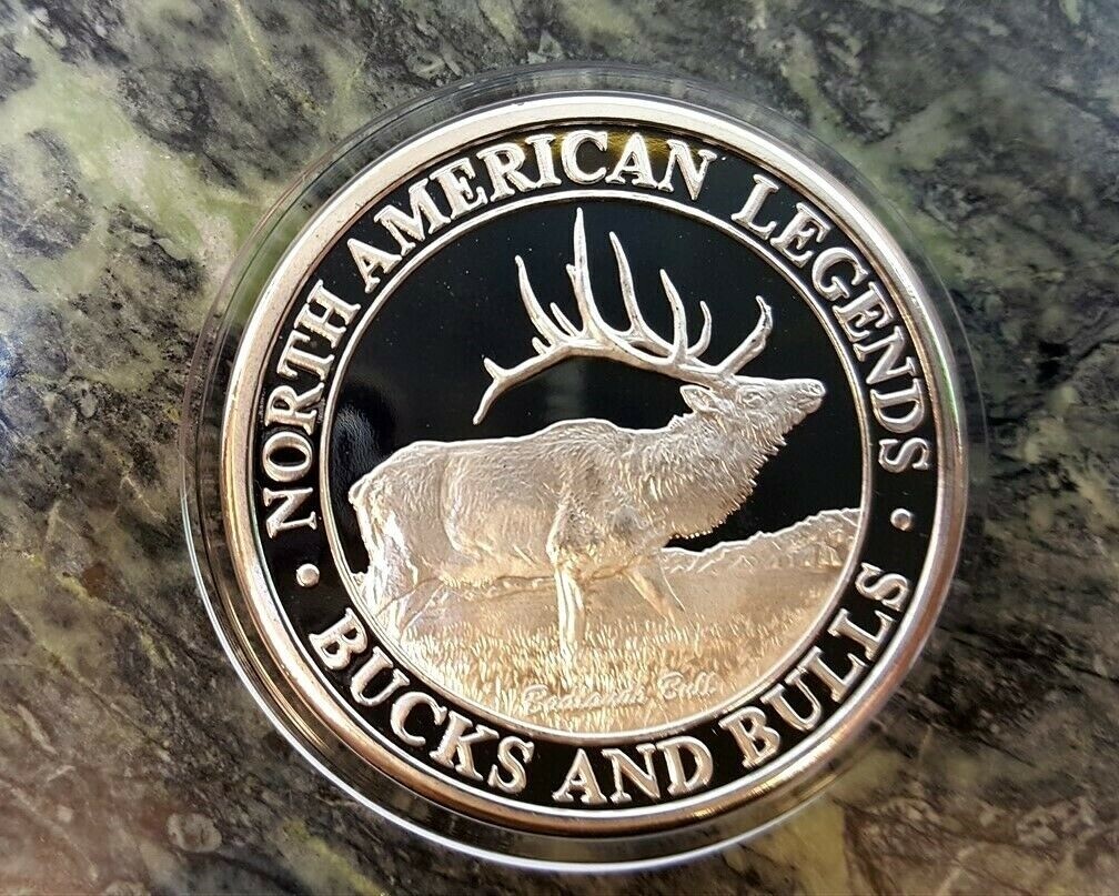 Bucks and Bulls NAHC Big Game Badlands Bull Elk Silver Plate Collector Coin