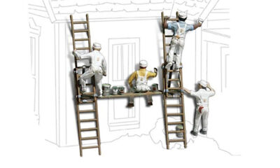 Woodland Scenics A1890 HO Scale 4 Painters w/ Scaffolding, Drums and Cans
