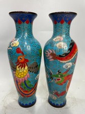 Collectible China old copper cloisonne hand painting dragon phoenix pattern vase
