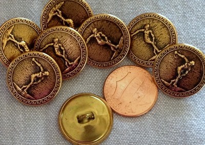 8 Brass Tone Metal Buttons Puffed Disc Discus Thrower Discobolus 3/4'' 19mm 7468