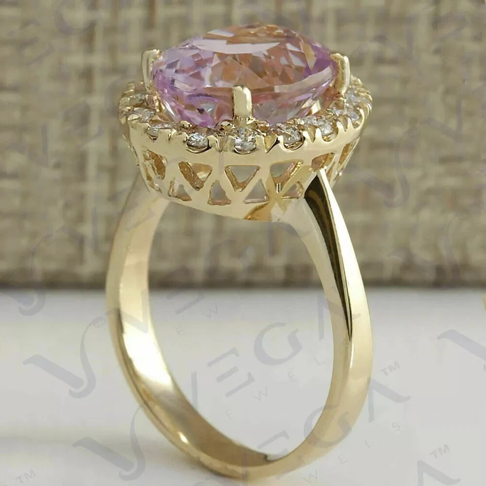 Anel de ouro amarelo 14K real com pedras preciosas naturais de kunzita formato oval 8,69 ct - Imagem 3 de 4