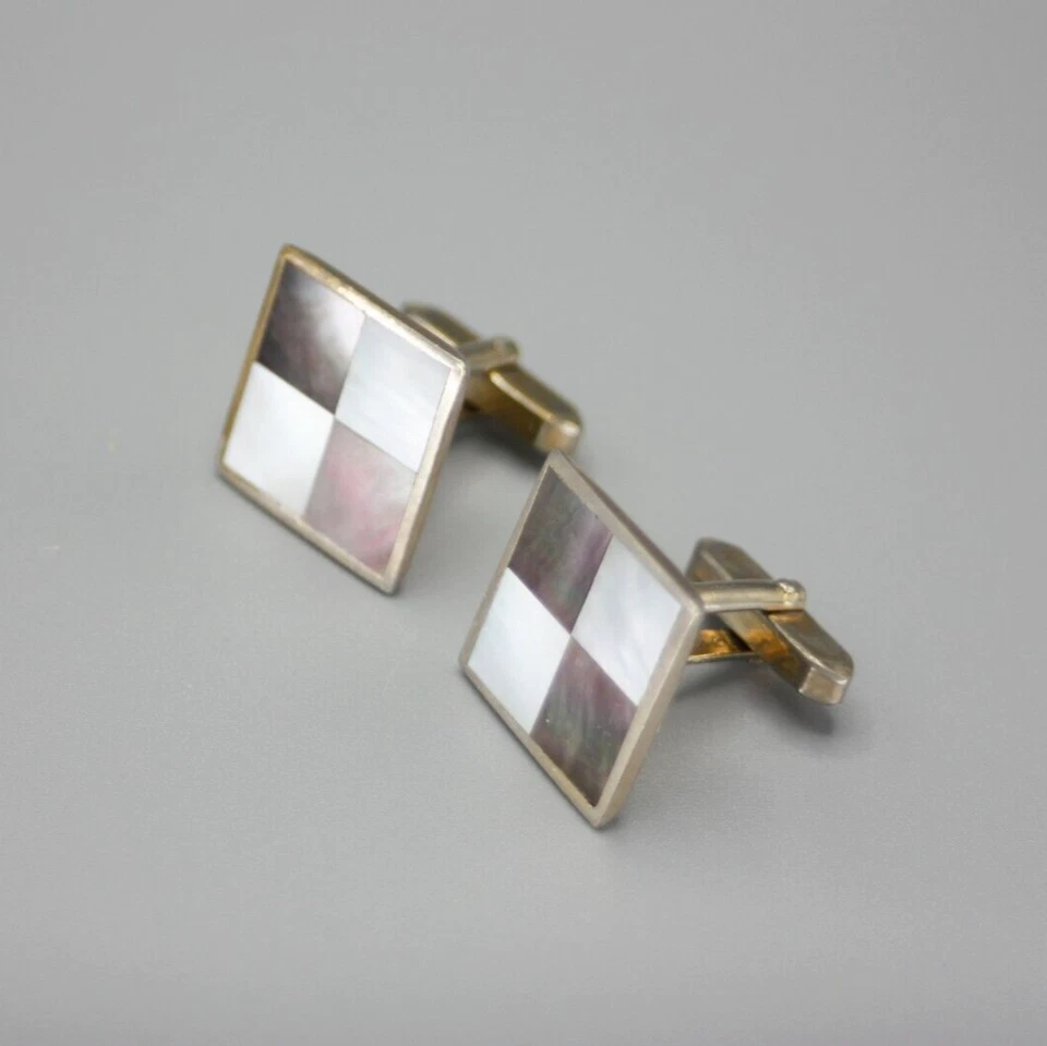 Gemelos de palanca a cuadros madreperla abulón plateado vintage gran regalo Foto 3 de 4