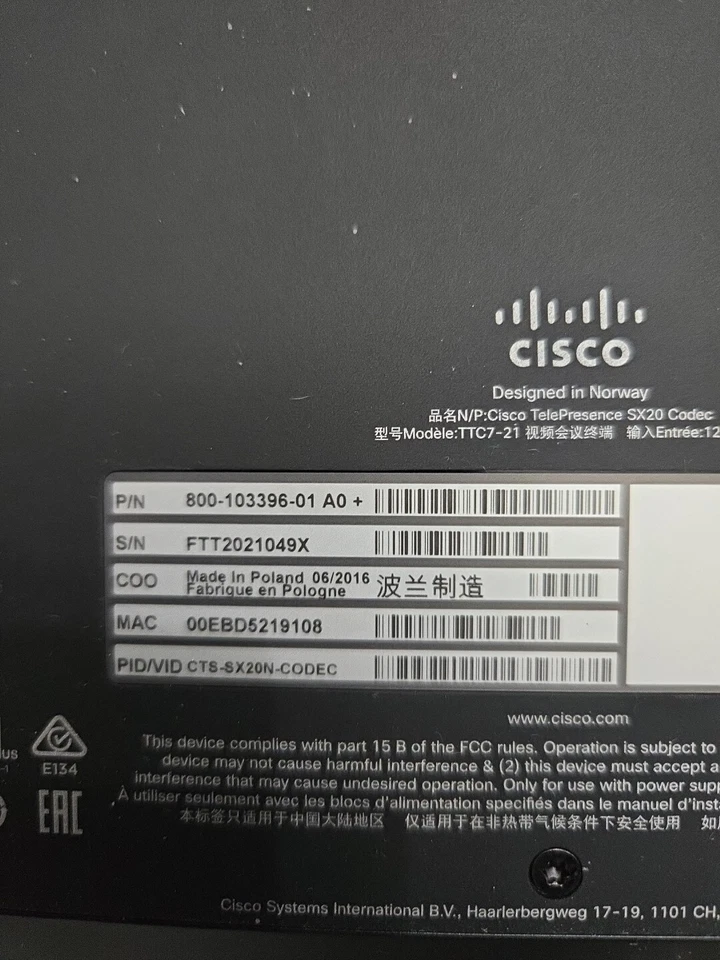 NUEVA CAJA ABIERTA Cisco CTS-SX20N-CODEC Telepresencia Videoconferencia CODEC TTC7-21 Foto 4 de 4