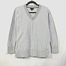 Tommy Hilfiger Sweater Women's Size S Gray Striped V-Neck Long Sleeve Pullover