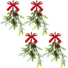 Christmas Artificial Mistletoe Ornament with Red Bow Christmas Hanging Mistle...