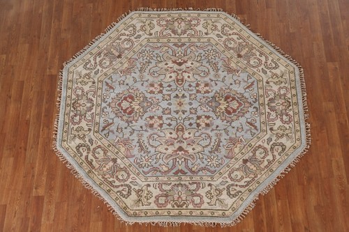 Floral Heriz Serapi Light Blue/ Ivory Octagon Rug 6'x6' Wool Hand-knotted Carpet - Picture 2 of 12