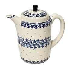 Boleslawiec Polish Pottery Coffee Tea Pot Pitcher Lid Scroll Swirl Blue Dots NWT