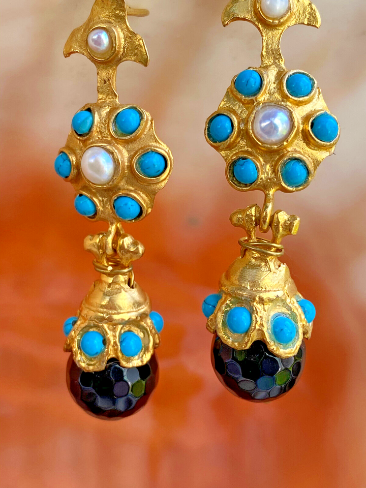Multicolor - Golden Plated Seep Pearl & Onyx Natural Stone Earrings main image 1